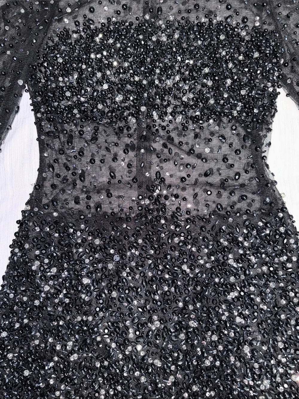 Black Beaded Sheer Mesh Long-Sleeve Mesh Mini Cocktail Dress - Picture 7 of 17